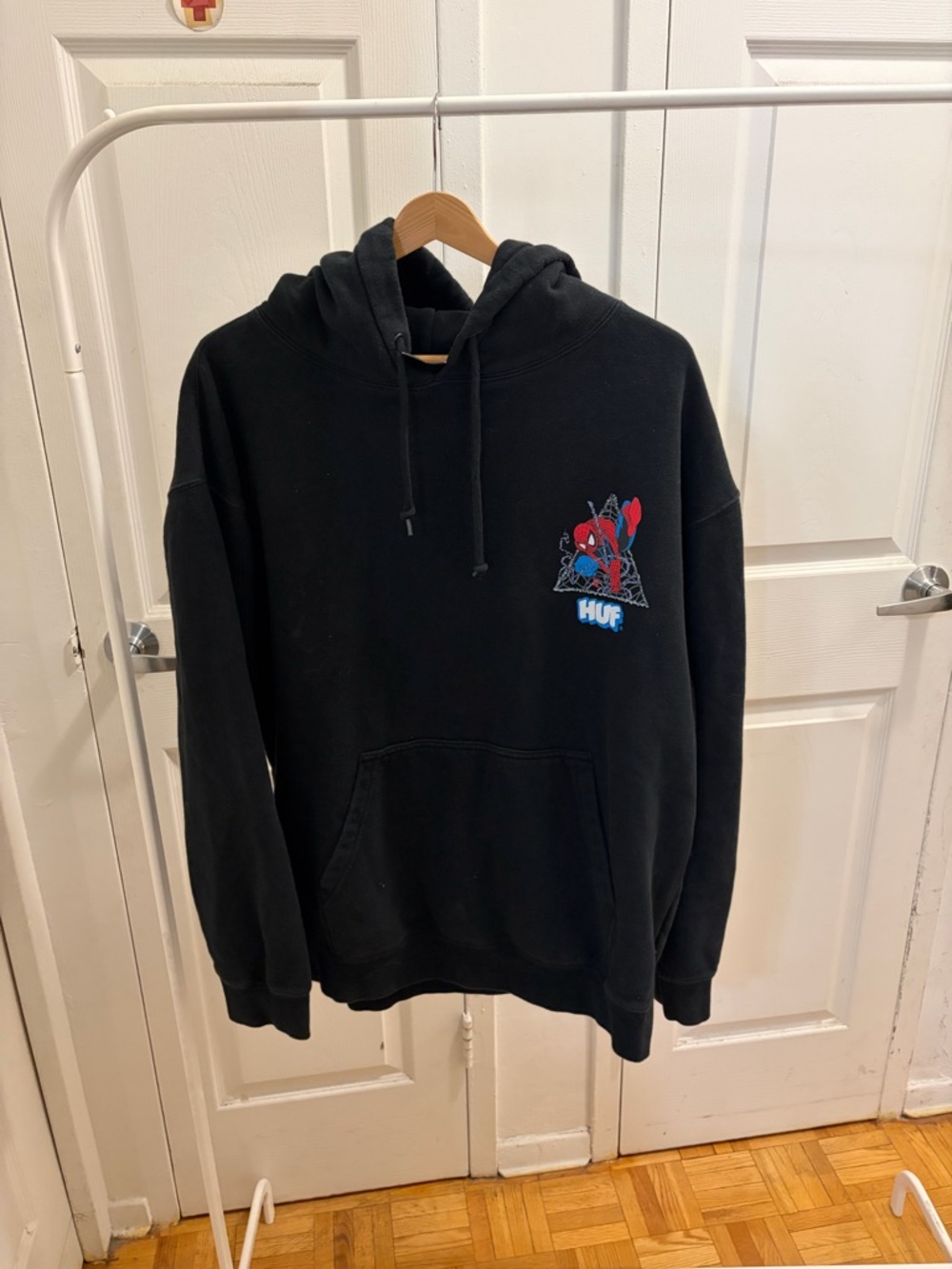 HUF Black Hoodie with Red & Blue Spider Patch